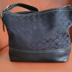 Coach Signature 2156 Leather Trim Hobo Shoulder Handbag Purse Black